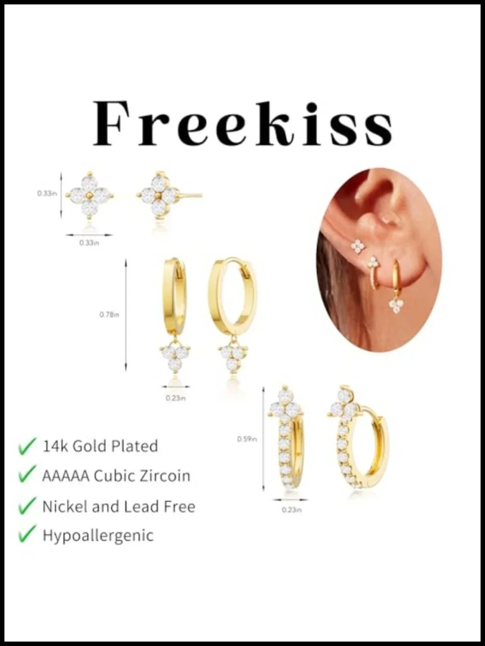 3 Pair Hoop Earrings Set Dainty Stud Dangle Cartilage Hypoallergenic Cubic